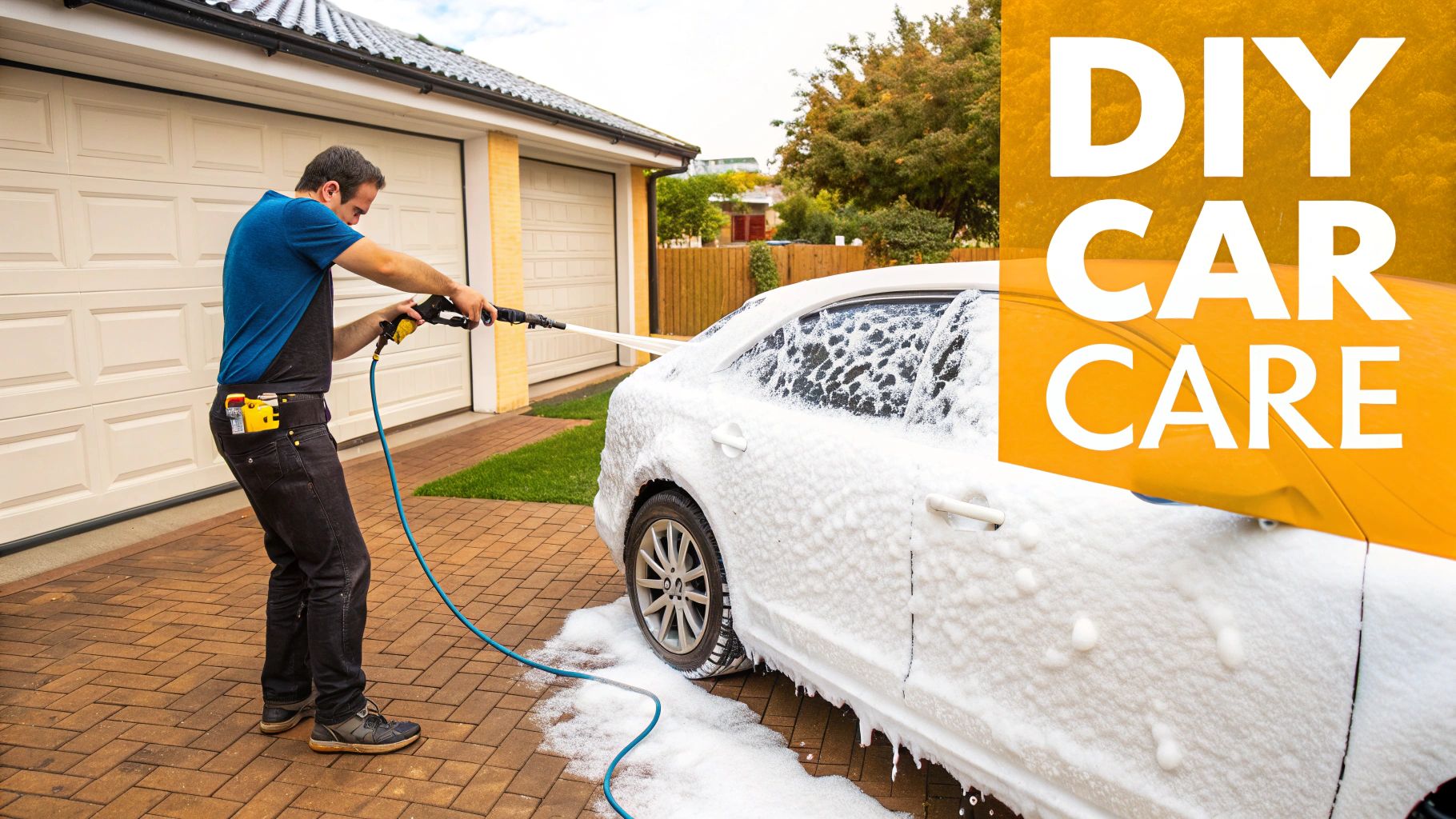 A man uses a pressure washer to apply thick white foam to a car in his driveway.