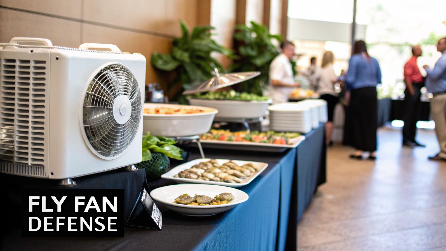 A white fly fan sits on a buffet table with various food dishes, protecting them from insects.