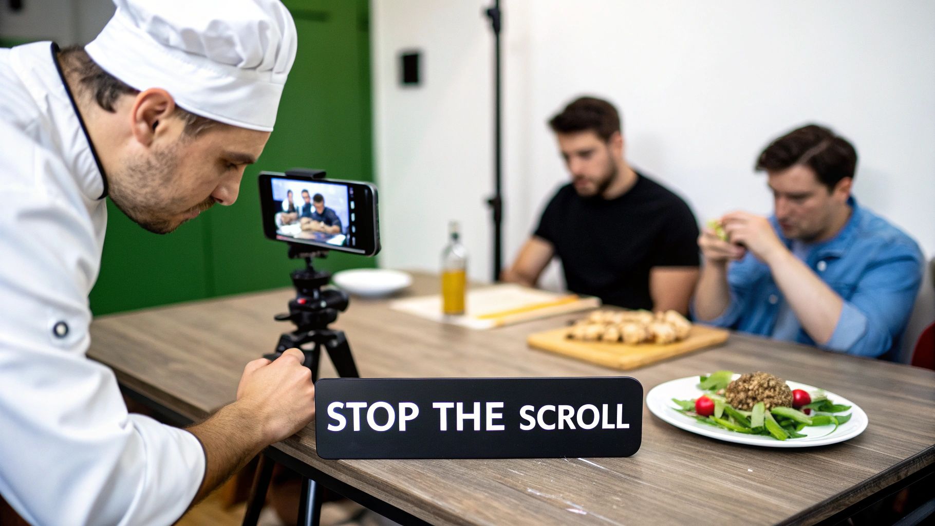 A chef records a food marketing video with a smartphone on a tripod, featuring a dish and two men.