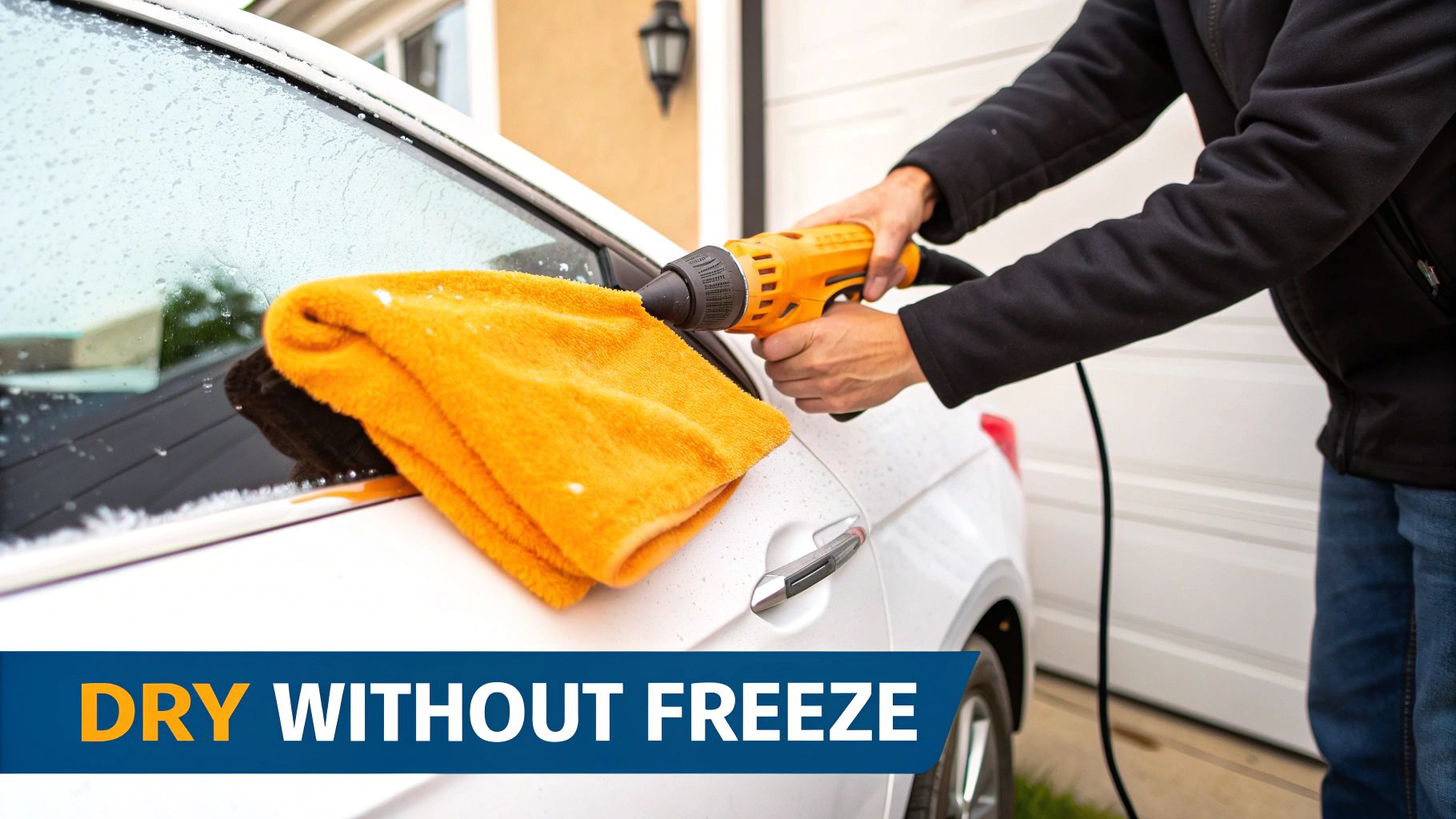 A person using a high-quality microfiber towel to dry a clean, dark-colored car after a wash.