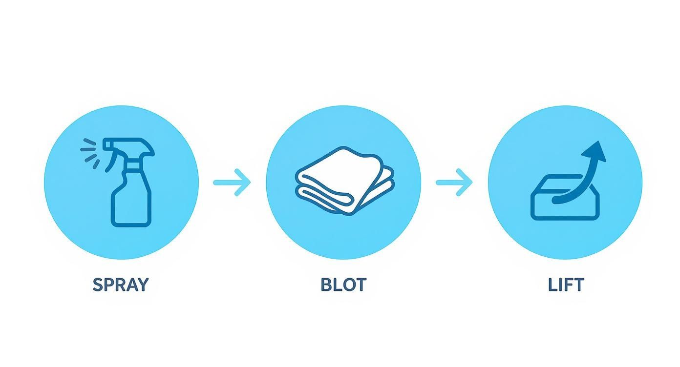 Infographic showing a three-step car cleaning process: Spray, Blot, and Lift, using modern flat icons.