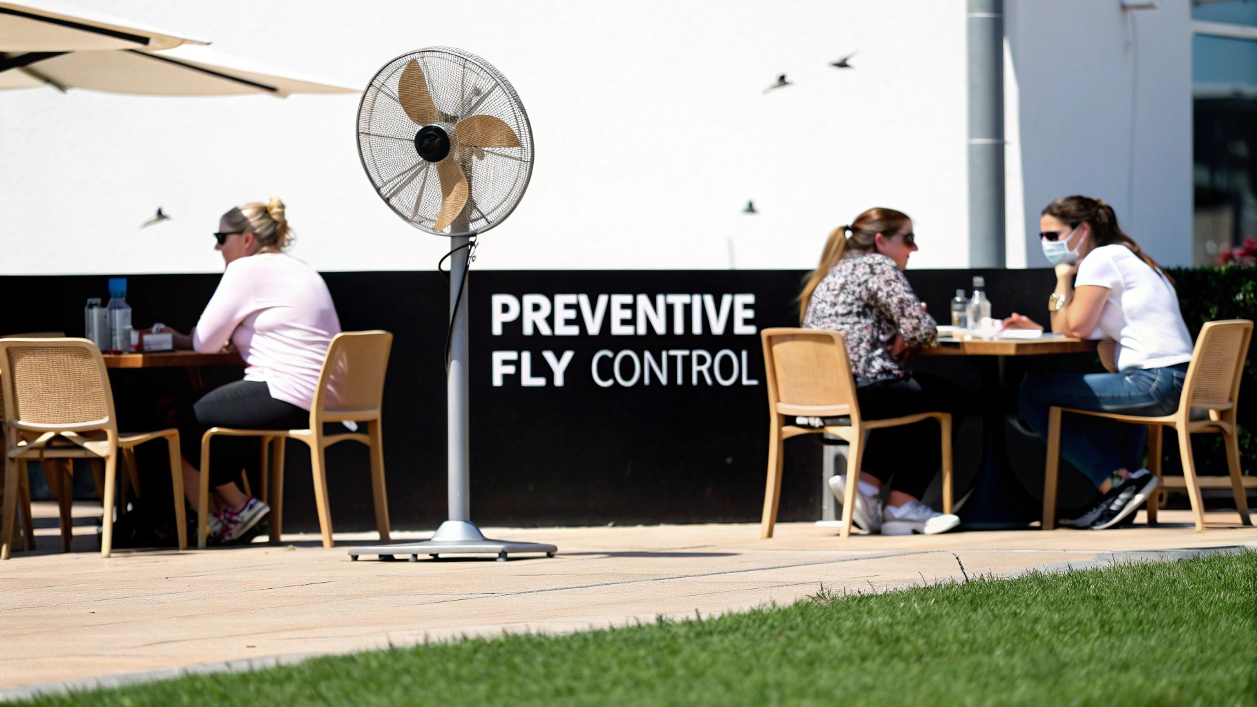 An outdoor cafe patio with people sitting at tables, a large fan, and a 'Preventive Fly Control' sign.