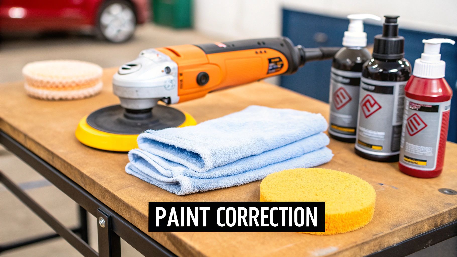A detailer wearing nitrile gloves and safety glasses while working on a car