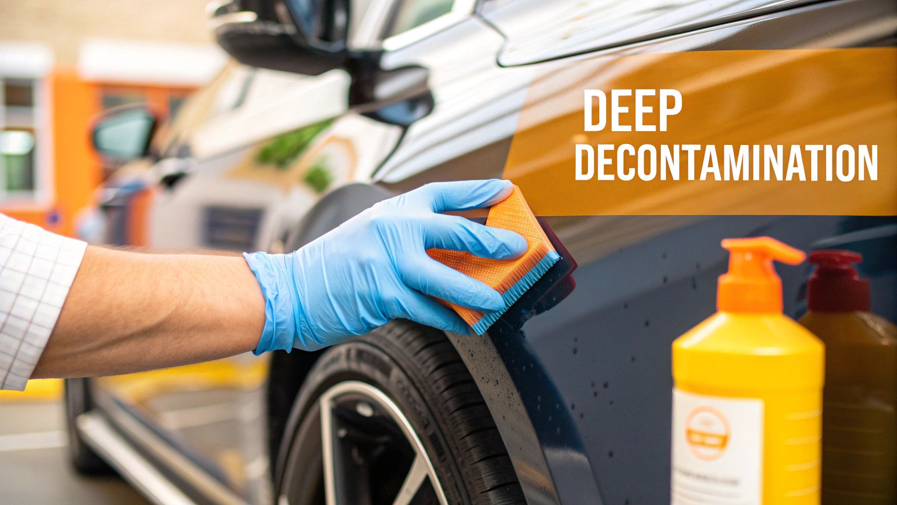 A person polishing a black car with a dual-action polisher, showing a half-and-half comparison of the corrected and uncorrected paint