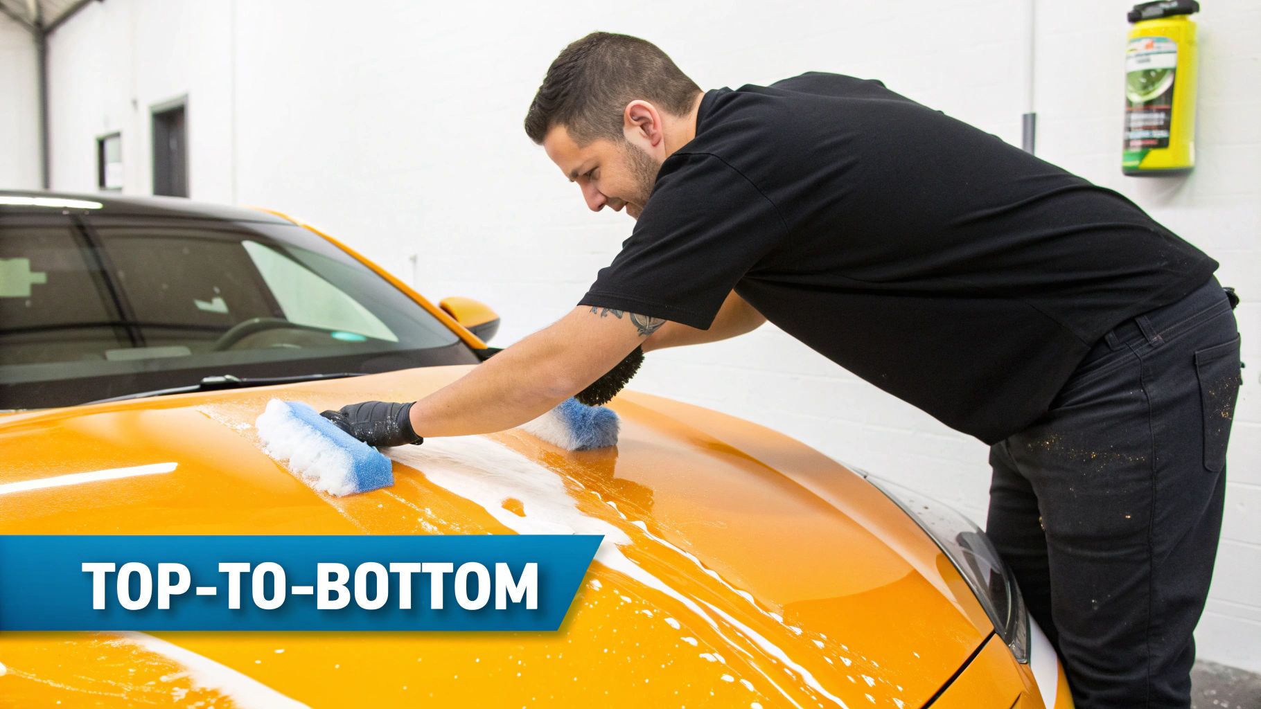 A man in black gloves washes an orange car's hood with a blue sponge and white foam.