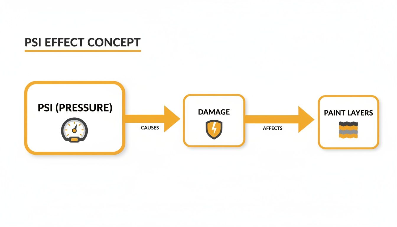 A flowchart illustrating the PSI effect concept, showing how pressure causes damage to paint layers.