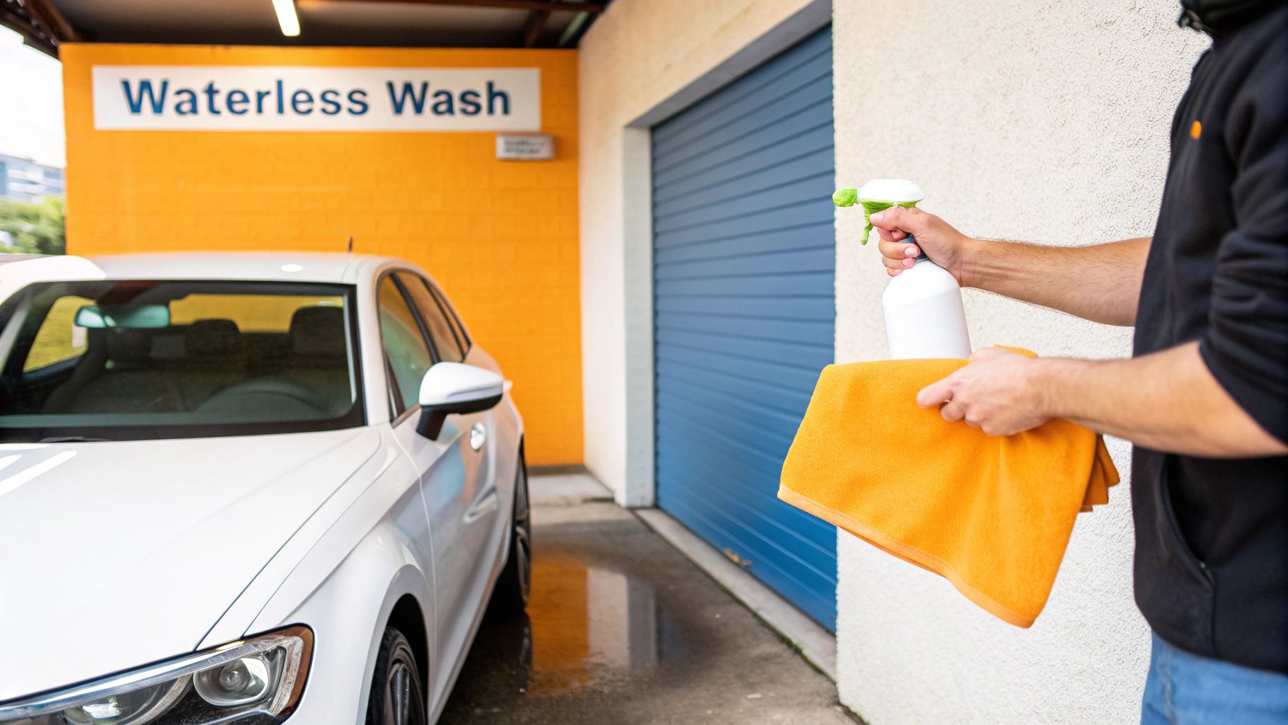 A person holds a spray bottle and an orange towel next to a white car at a waterless wash station.