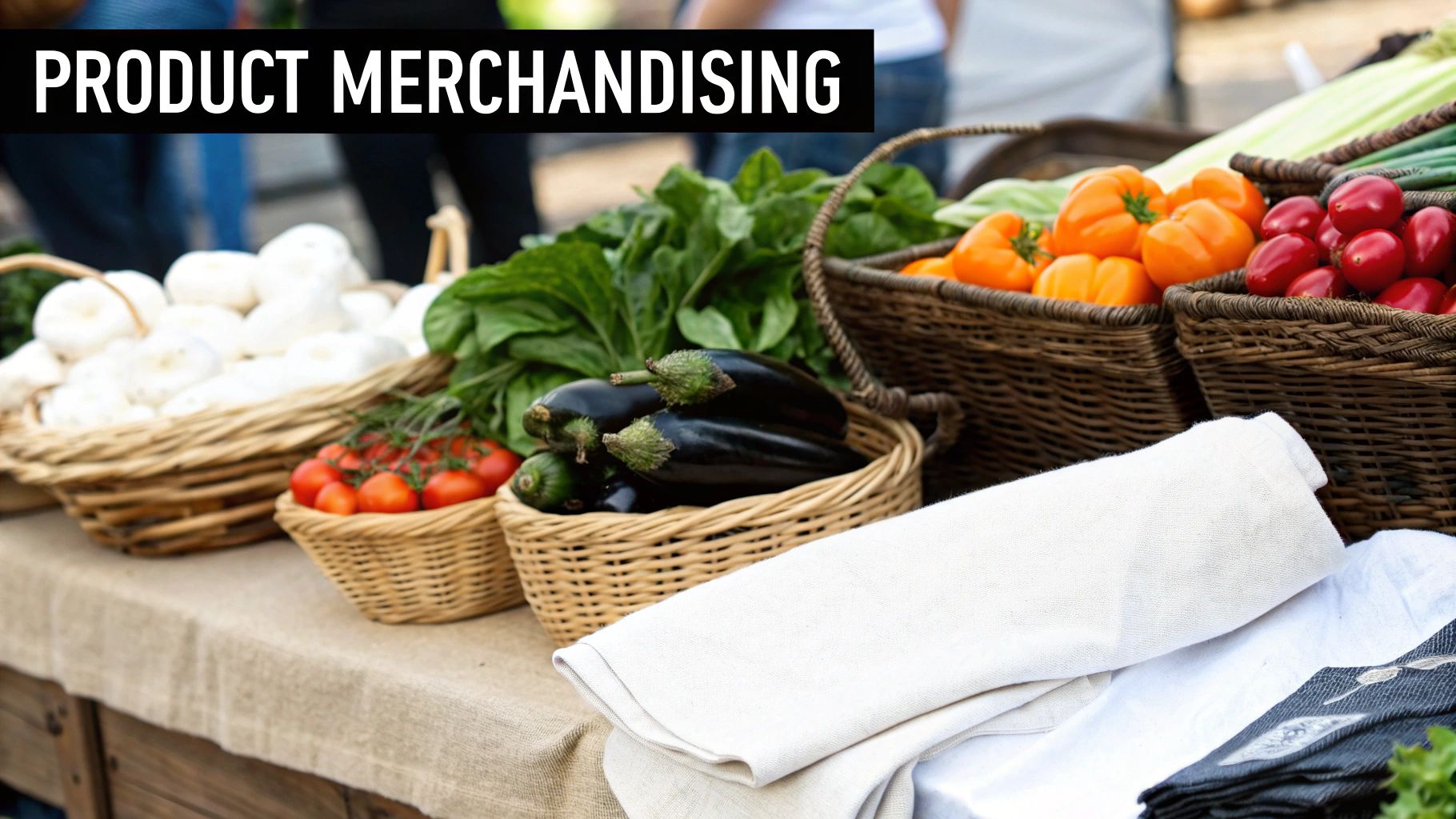 A vibrant farmers market stall showcasing fresh produce like tomatoes, eggplants, and peppers in woven baskets.