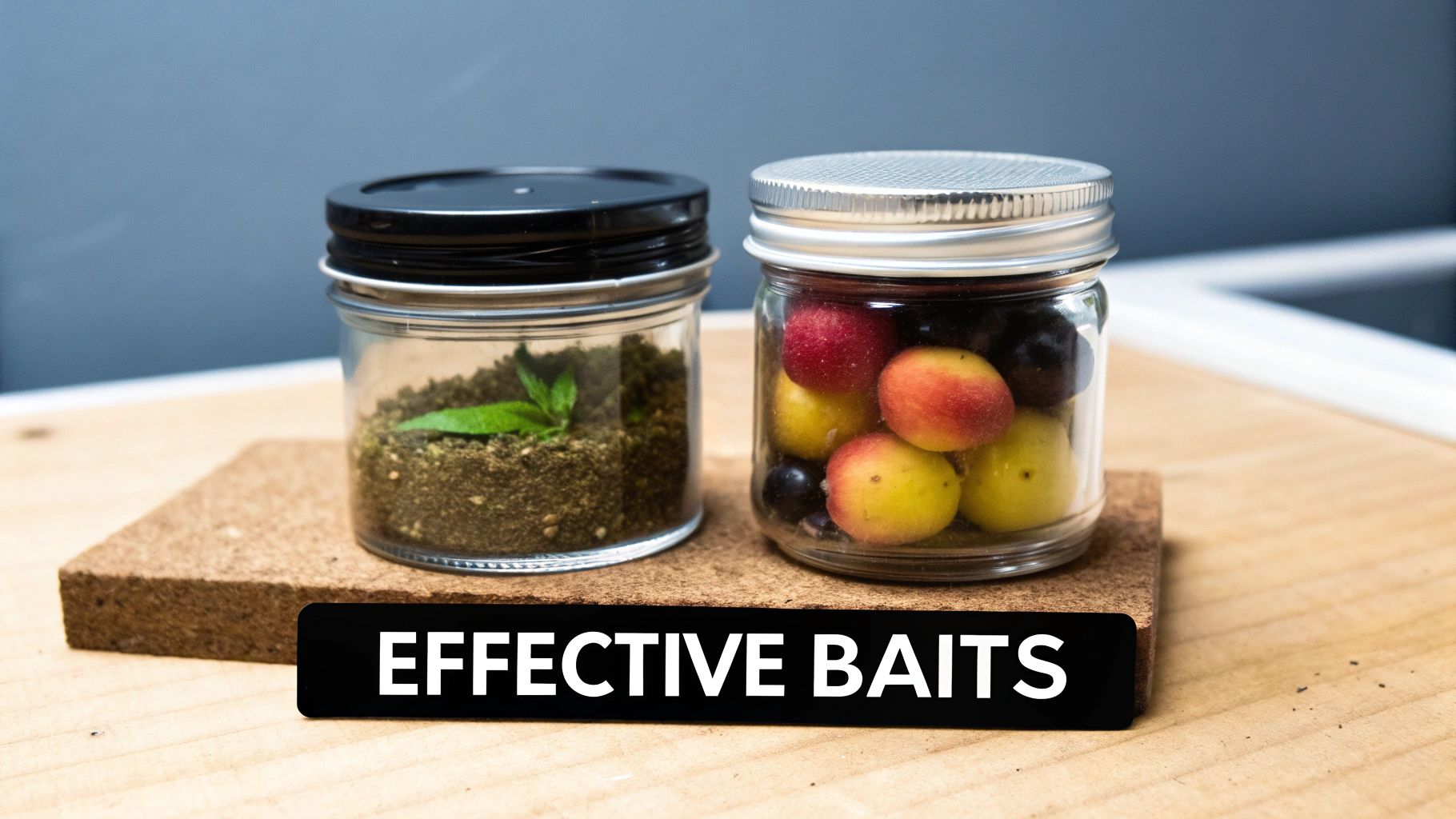 Two glass jars, one with green plant material and another with colorful fruits, labeled 'EFFECTIVE BAITS'.