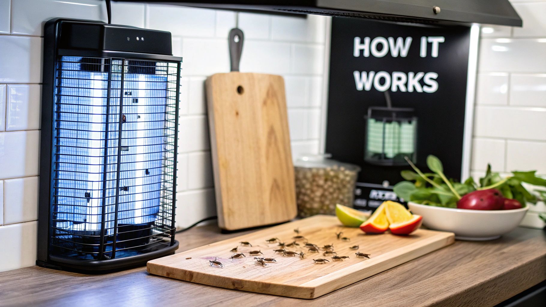 A blue-light bug zapper illuminates a kitchen counter with a cutting board full of dead insects.