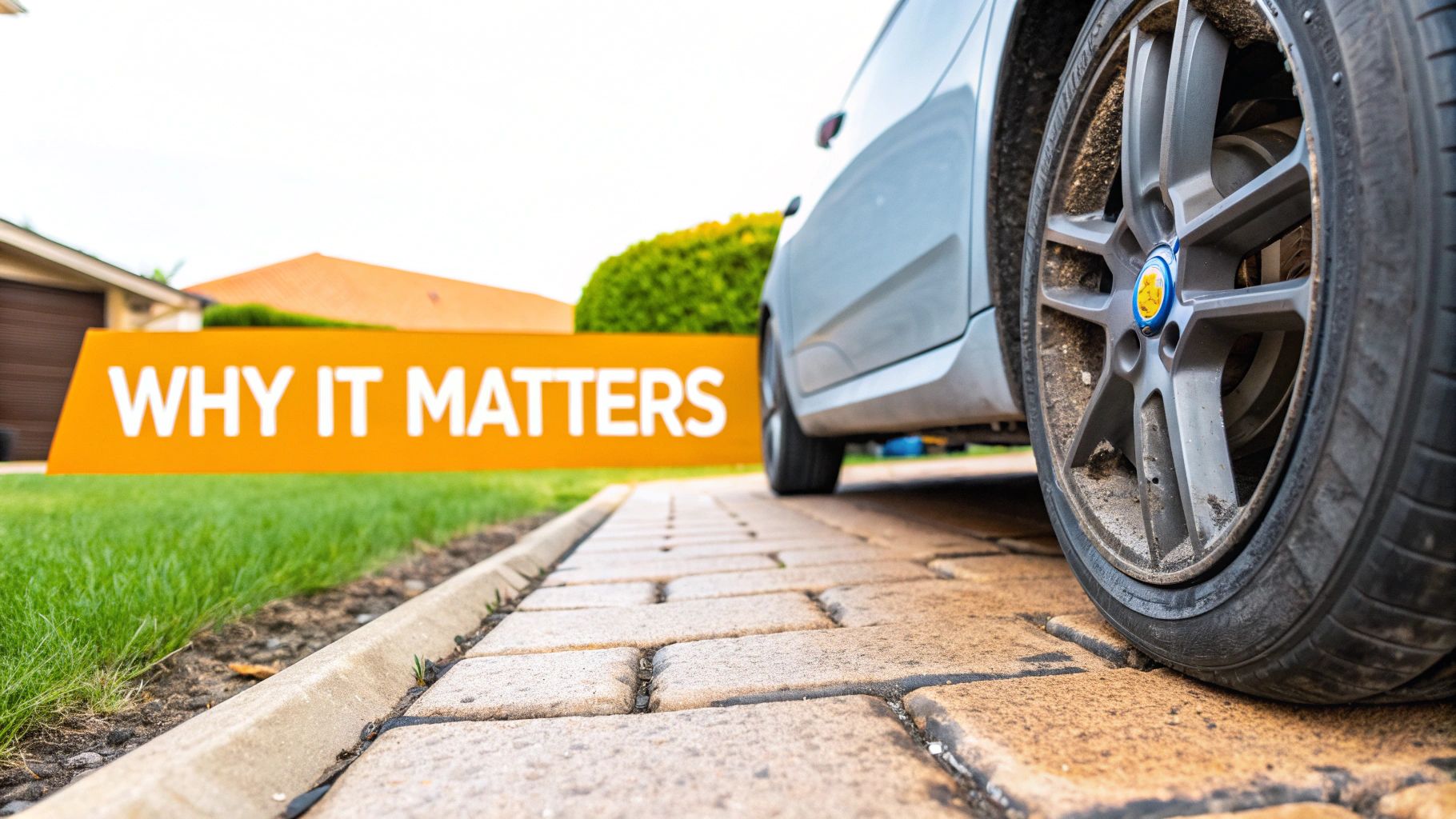 A person scrubbing a car tire covered in soapy foam with a green brush.