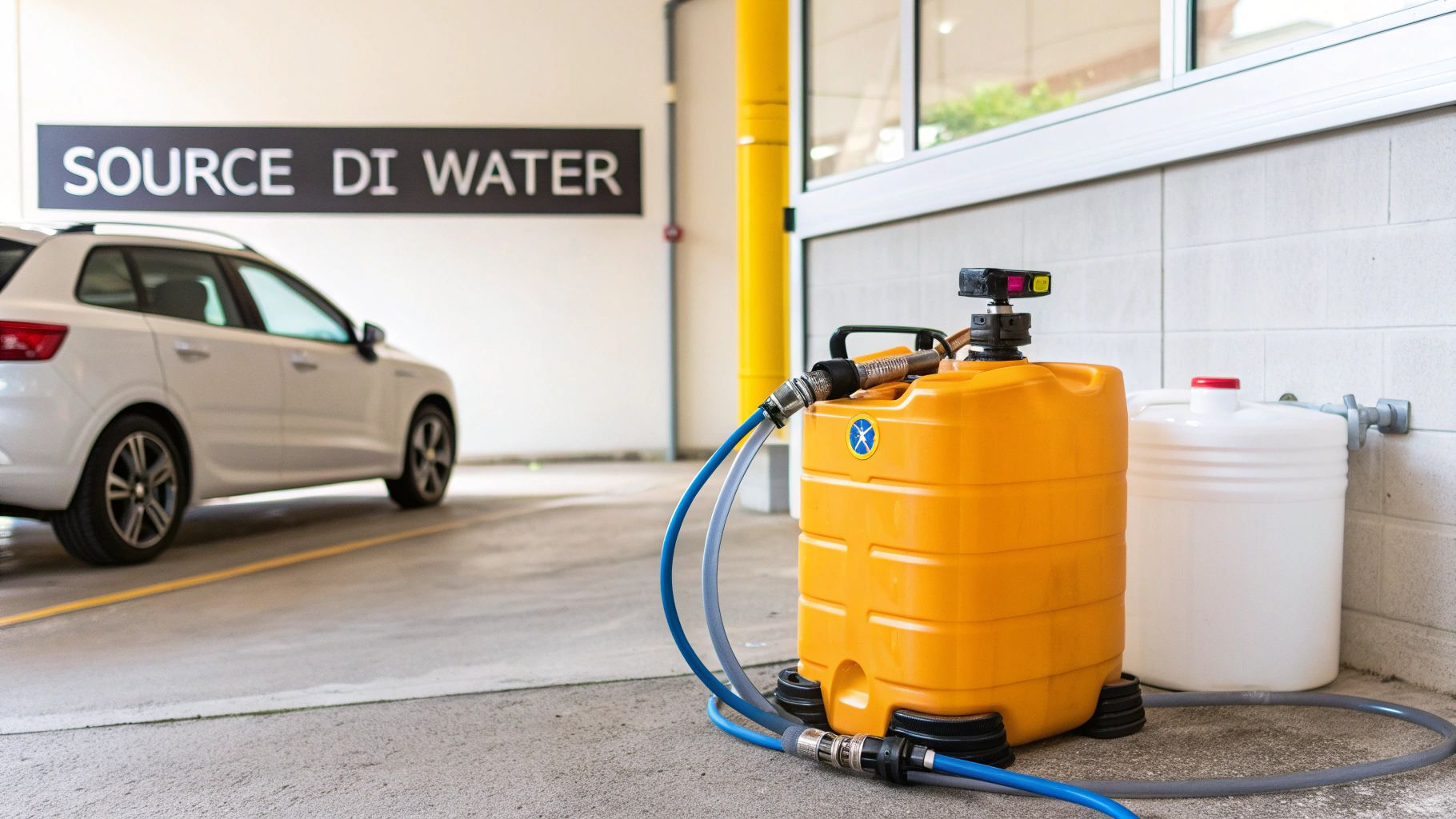 Orange and white tanks with hoses on a concrete floor next to a white car, beneath a 'SOURCE DI WATER' sign.
