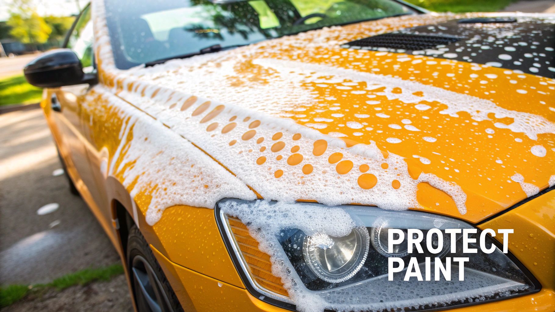 A car covered in a thick layer of white foam car soap during a wash