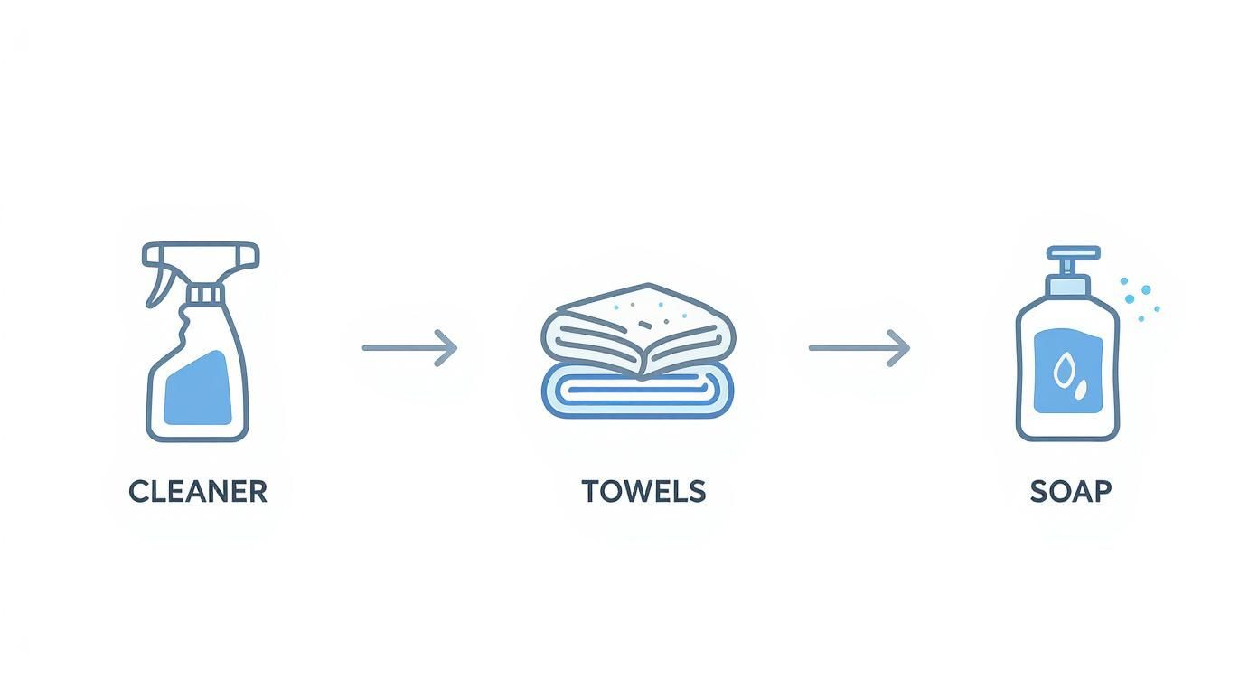 Three-step cleaning process showing spray cleaner, folded towels, and liquid soap dispenser with arrows