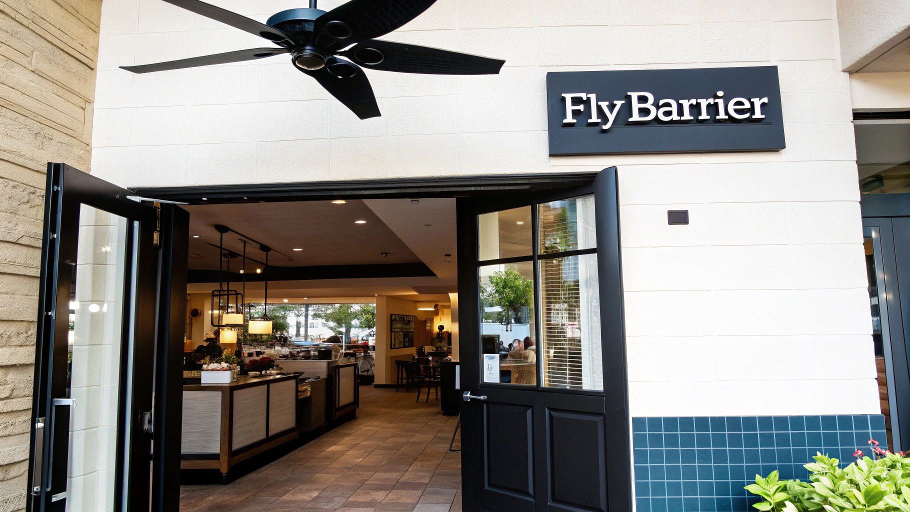 A stylish, modern fly fan sitting on a beautifully set an restaurant patio table, subtly protecting the food and diners.
