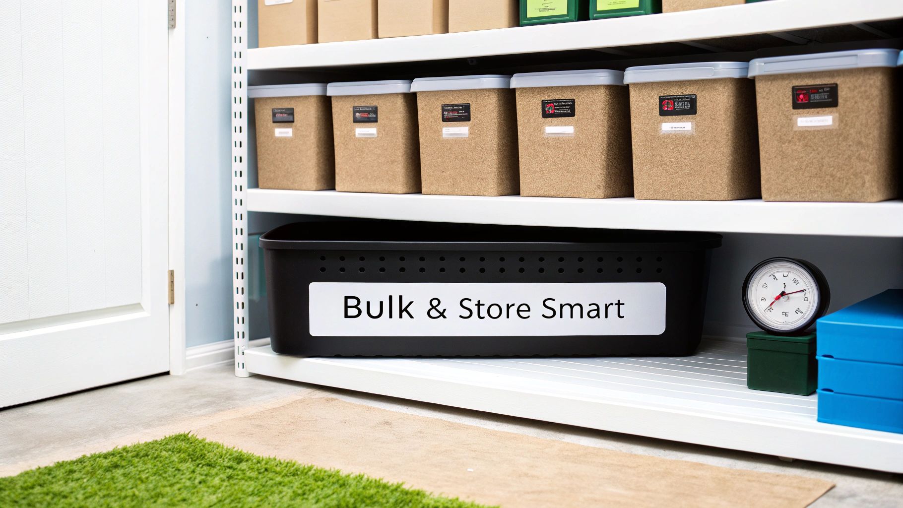 Organized pantry shelves featuring various food storage containers, a bulk bin, and a small clock.