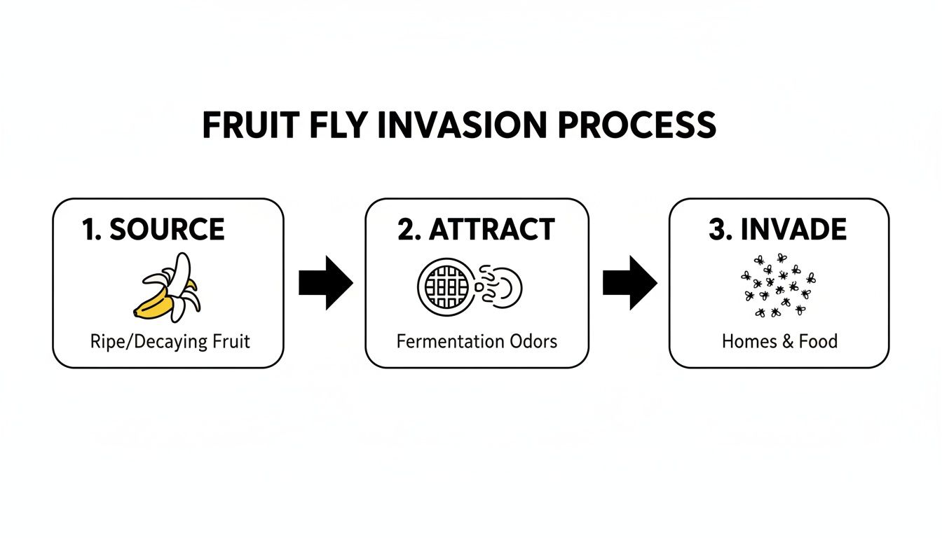 A diagram illustrating the three-step fruit fly invasion process: source, attract, and invade.