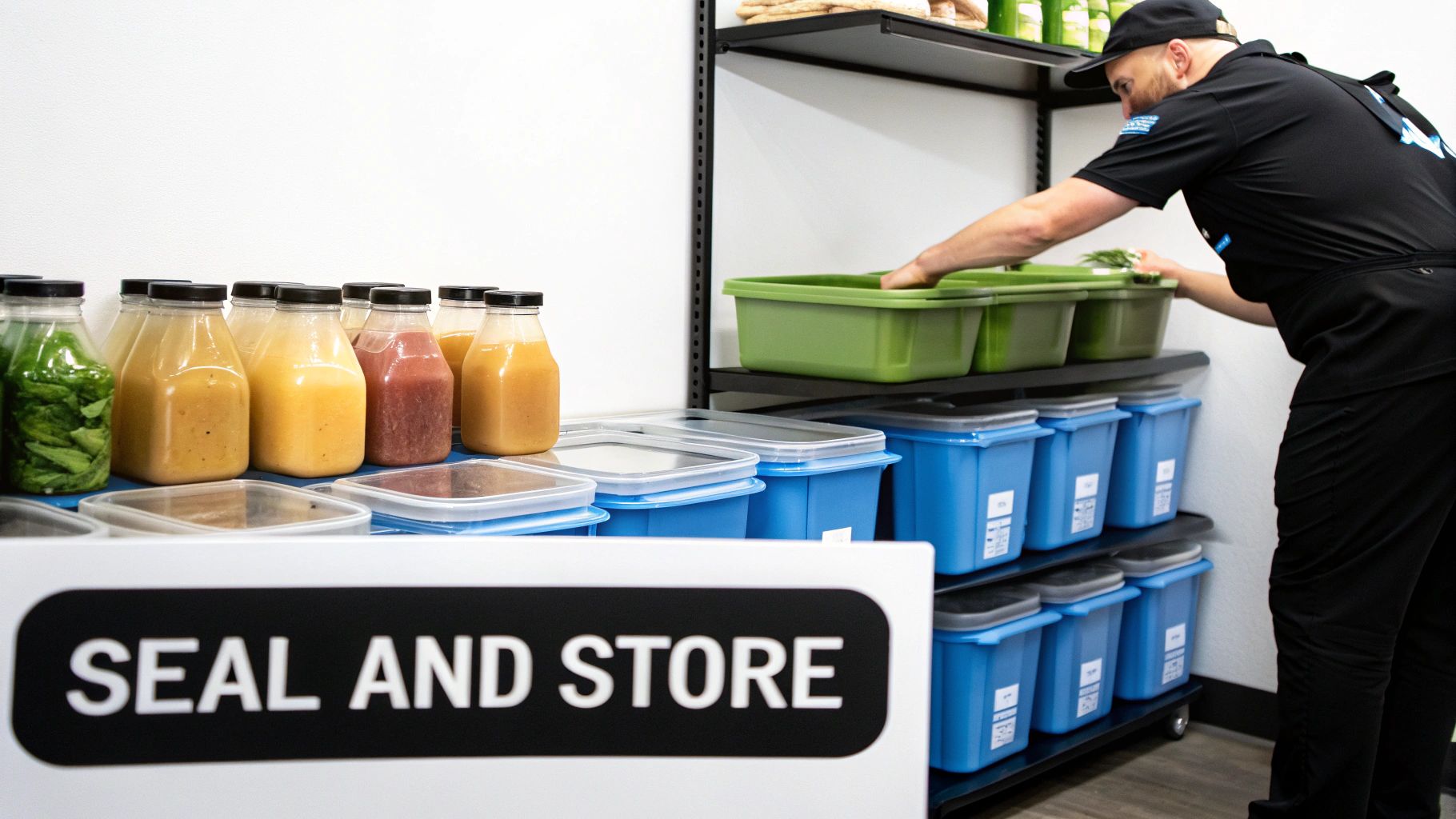 A worker organizes prepared food and drinks in bottles and sealed containers on storage shelves.