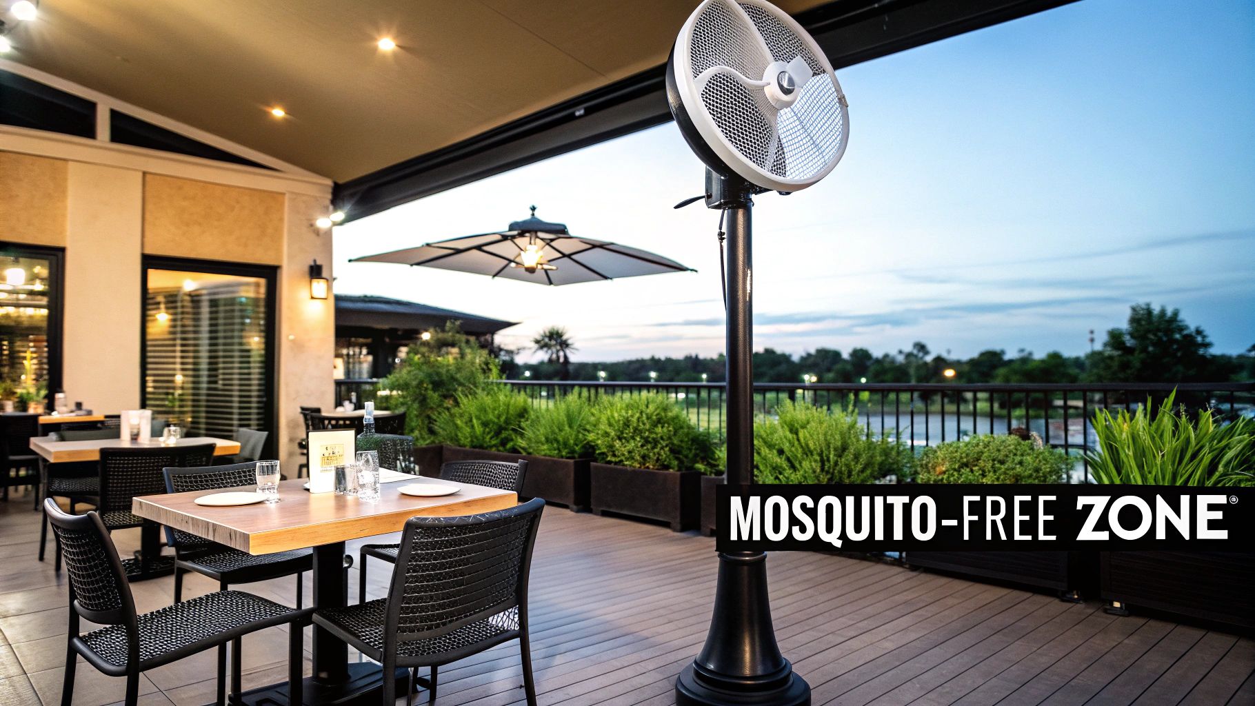 Outdoor mosquito fan in action