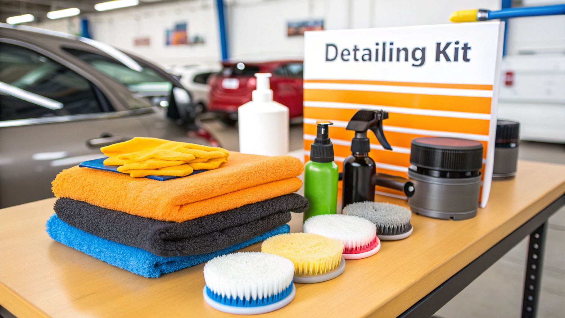 An organized collection of car detailing supplies, including bottles, brushes, and microfiber towels, laid out on a dark surface.