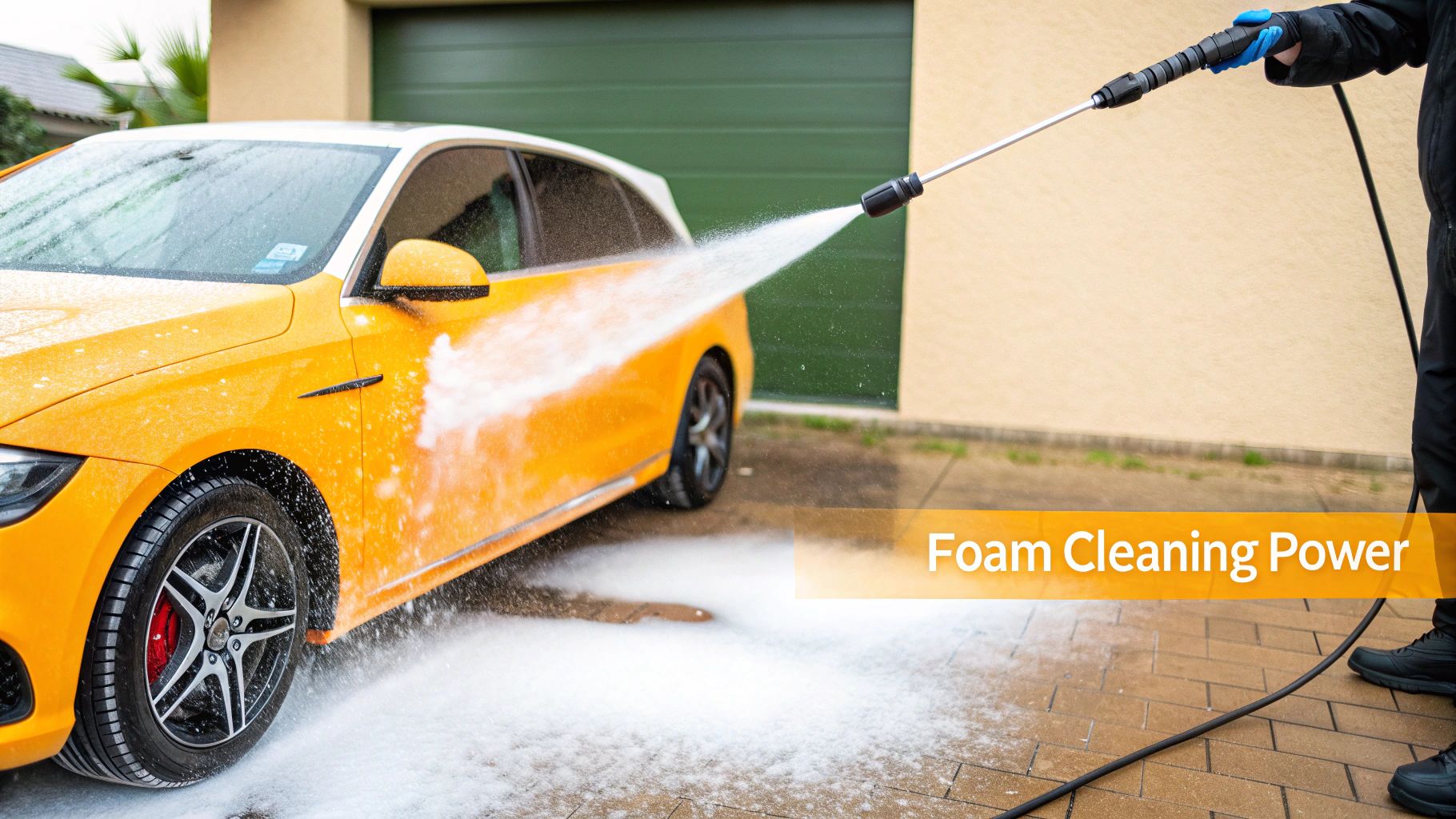 A car being covered in thick white foam from a pressure washer foam cannon