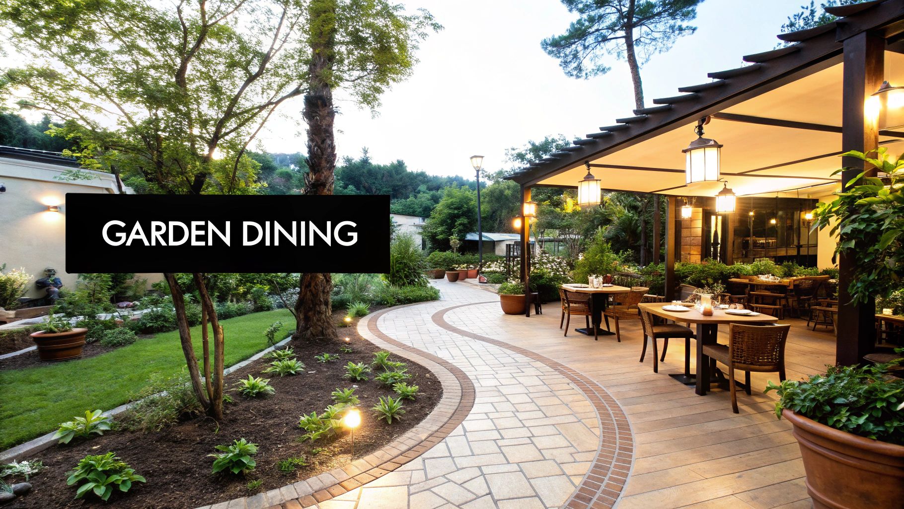Elegant outdoor garden dining area with covered pergola, ambient lighting, and curved paver walkway