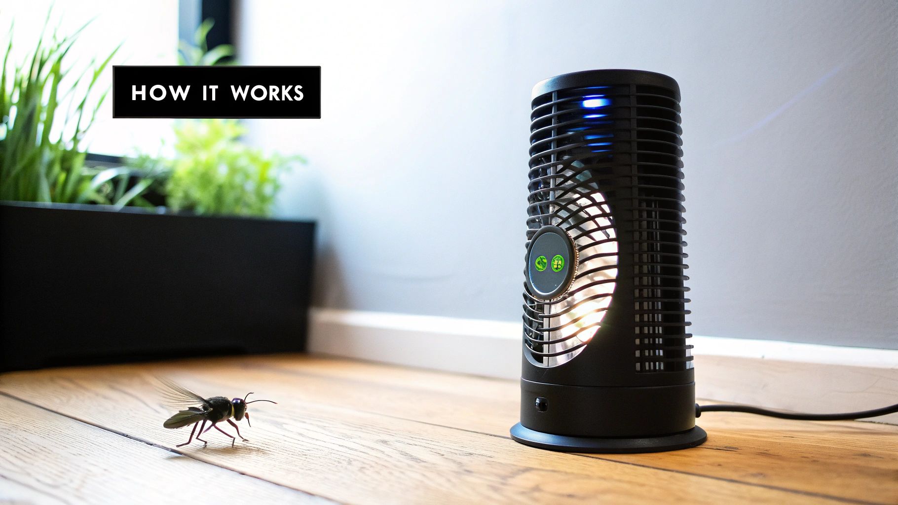 A modern fly trap fan discreetly placed on a countertop.