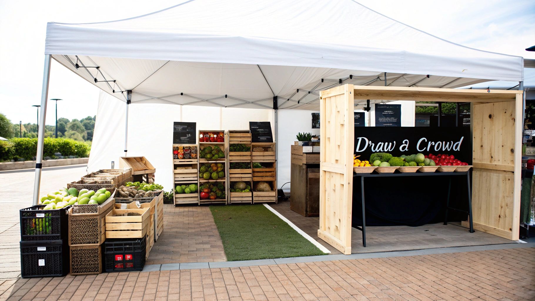 A vibrant farmers market booth with tiered displays of fresh produce and colorful flowers, creating an inviting atmosphere.
