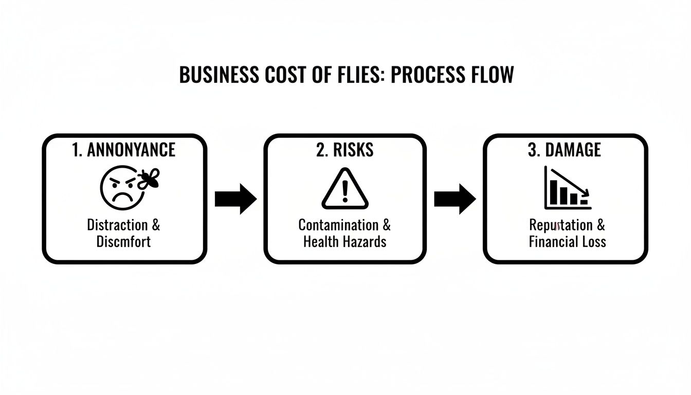 Flowchart illustrating the business cost of flies, detailing annoyance, risks, and subsequent damage.