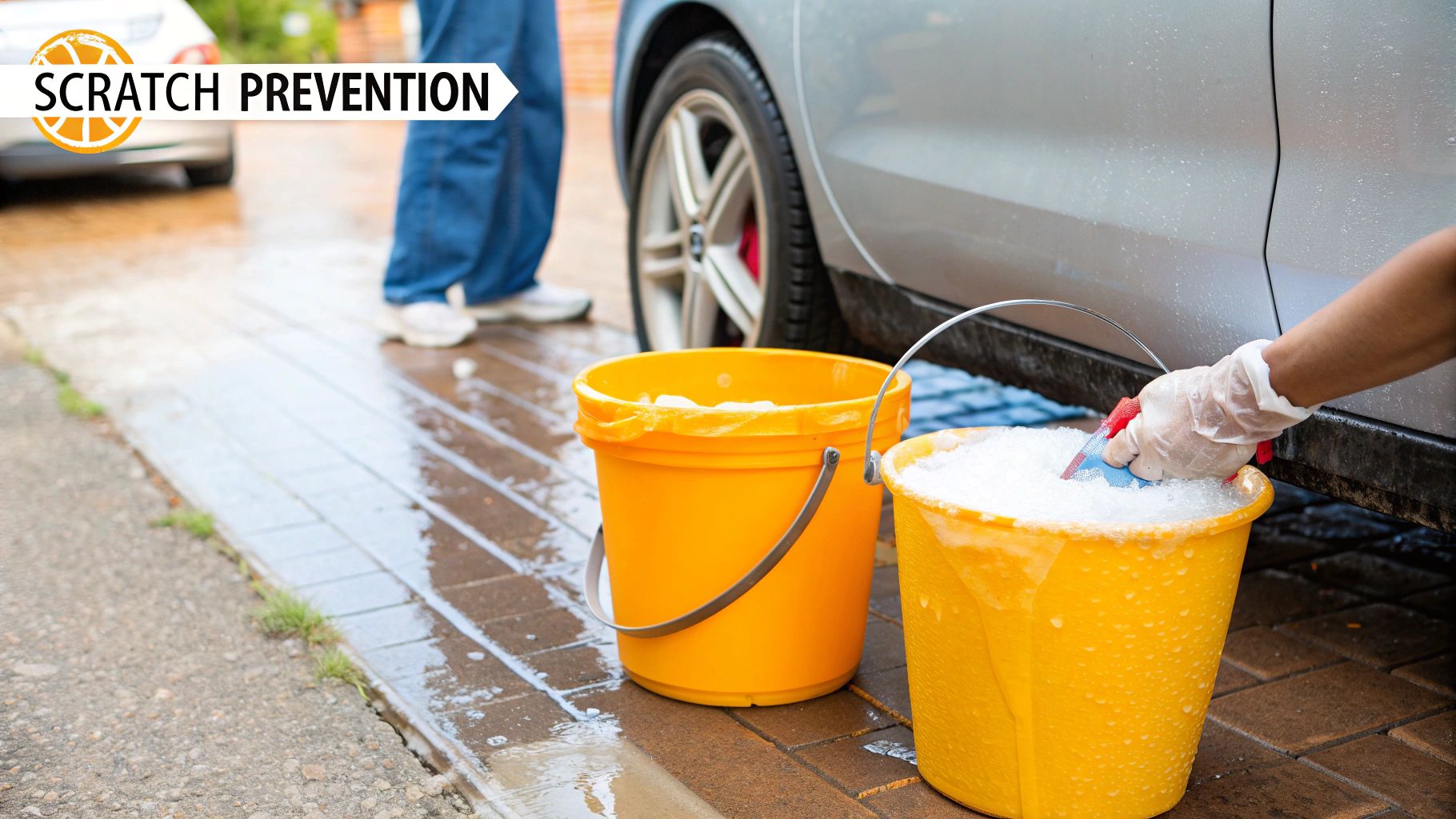 Two buckets with grit guards, essential for the two-bucket method in a professional car wash kit.