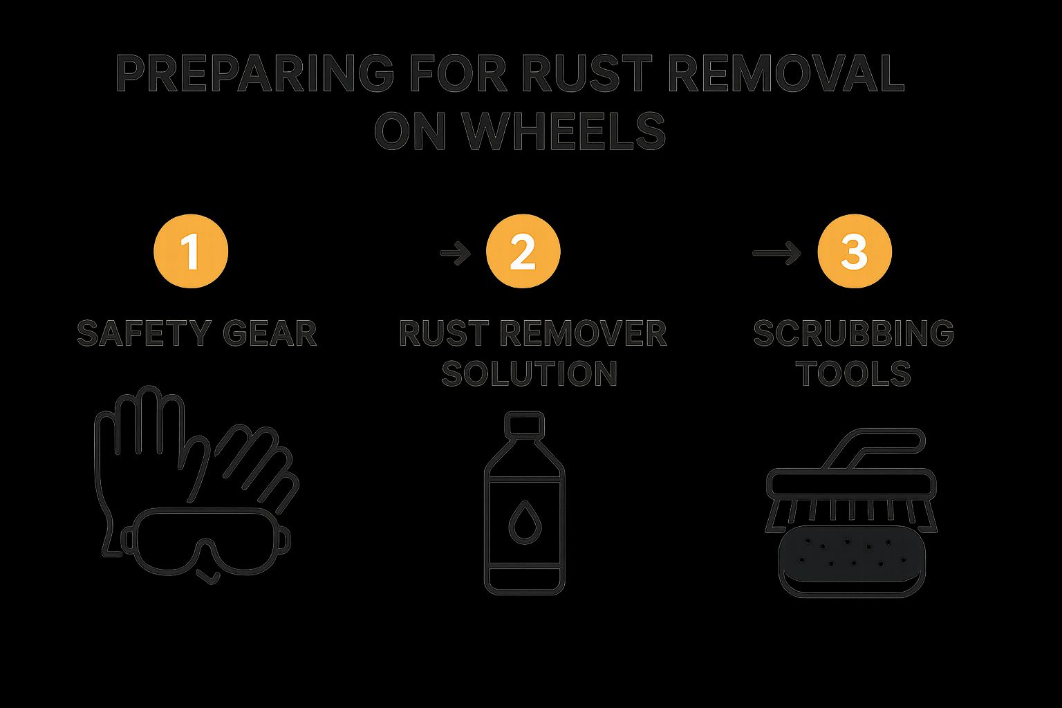 Infographic showing the three-step preparation process for rust removal on wheels: safety gear, rust remover solution, and scrubbing tools.