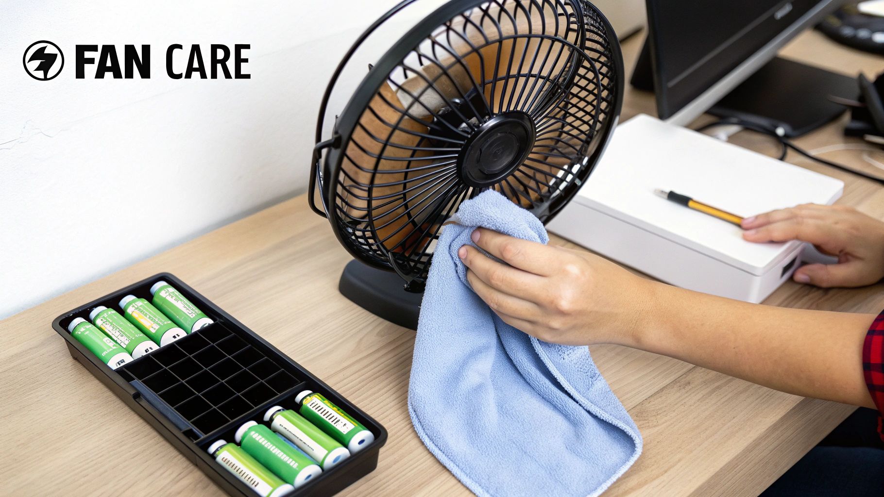 A person is cleaning a black desk fan with a blue cloth on a wooden desk with batteries nearby.