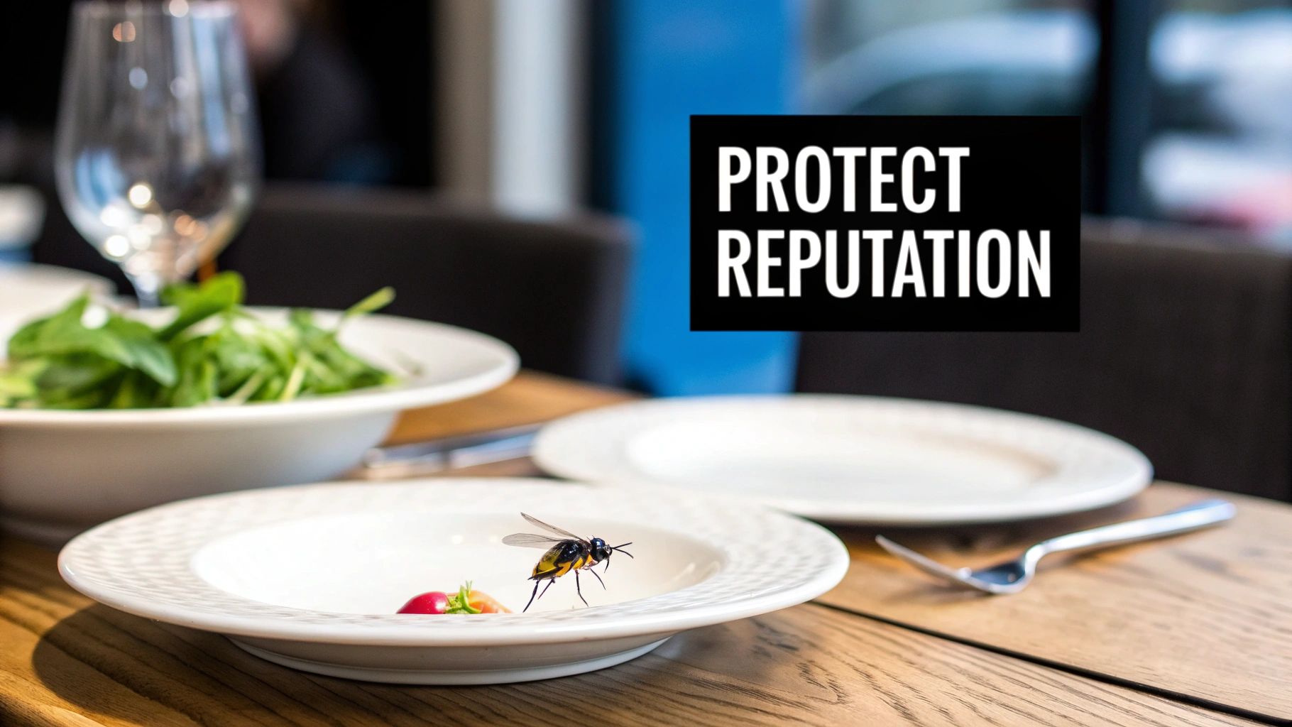 A fly lands on a clean plate in a restaurant setting, with a salad and the text 'PROTECT REPUTATION'.