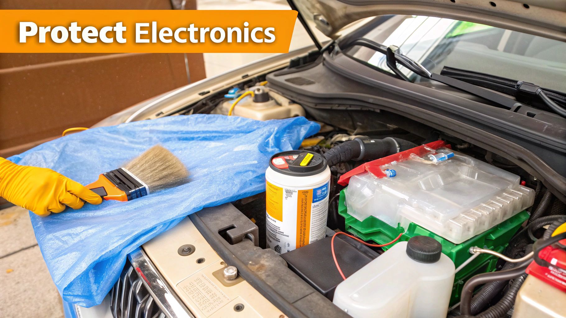 A gloved hand with a brush over blue plastic protecting a car engine bay during cleaning or maintenance.