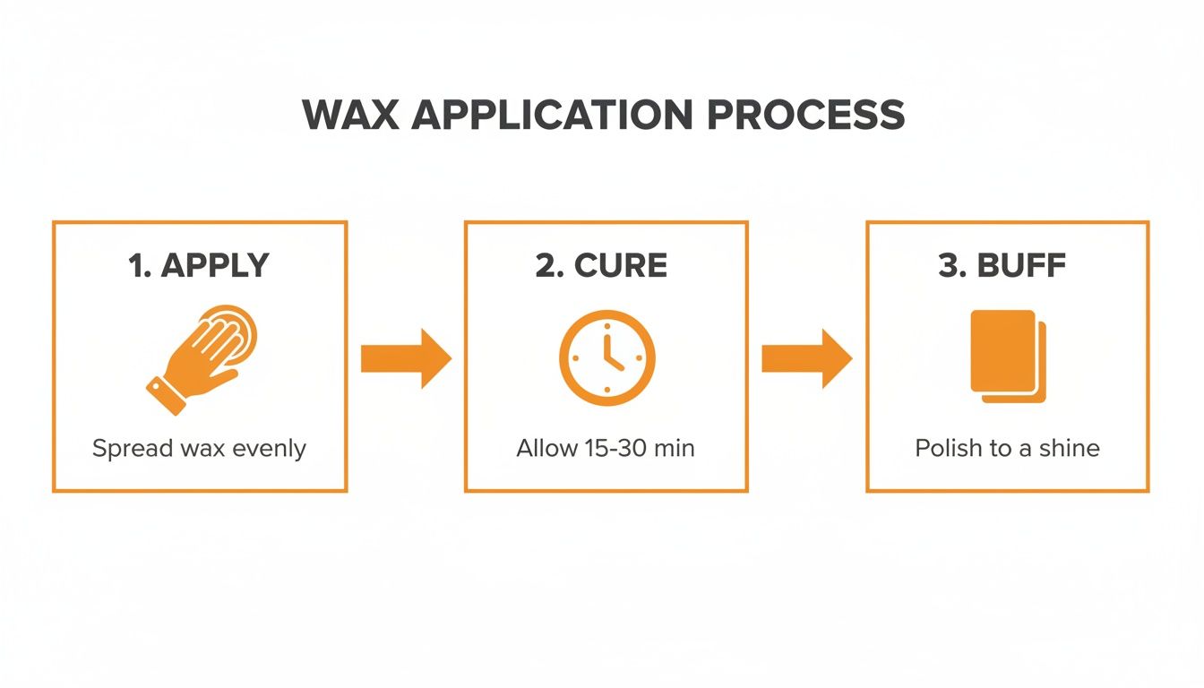 Three-step wax application process showing apply, cure for 15-30 minutes, and buff to a shine.