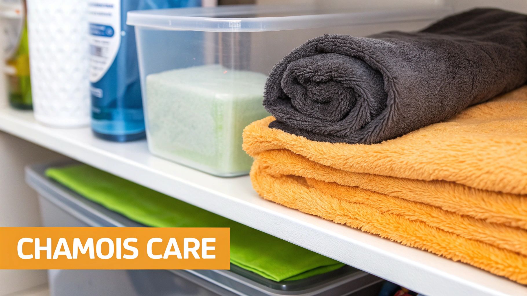 Soft orange and grey towels folded on a shelf with various car cleaning supplies.