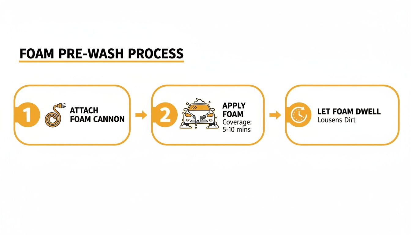 Infographic detailing a three-step foam pre-wash process: attach foam cannon, apply foam, and let it dwell to loosen dirt.