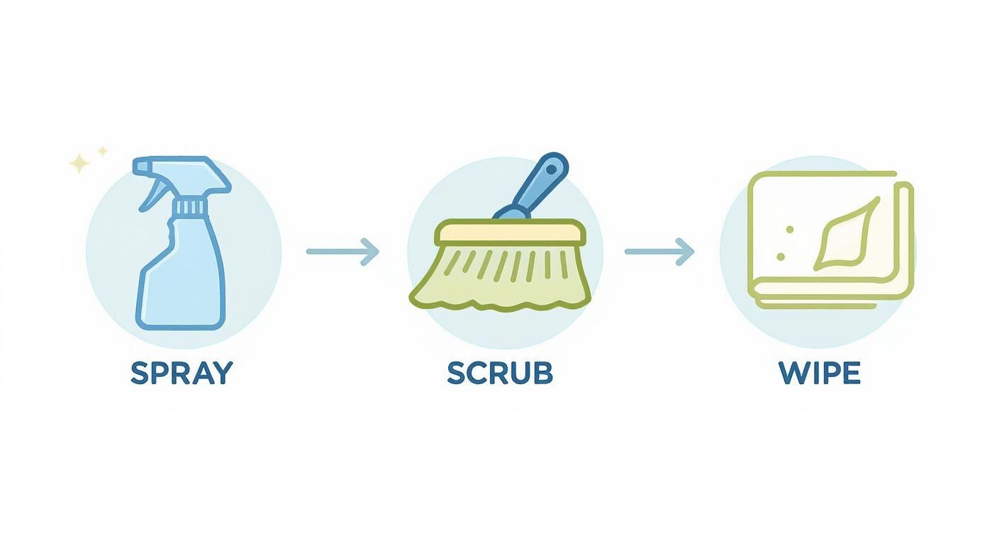 Infographic showing the three-step process to remove hard water stains: Spray, Scrub, Wipe.