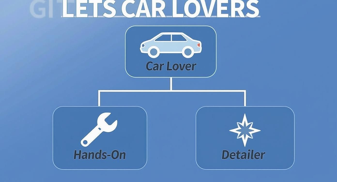 A visual diagram titled 'CAR LOVERS', illustrating car enthusiasts categorized into 'Hands-On' and 'Detailer' segments.