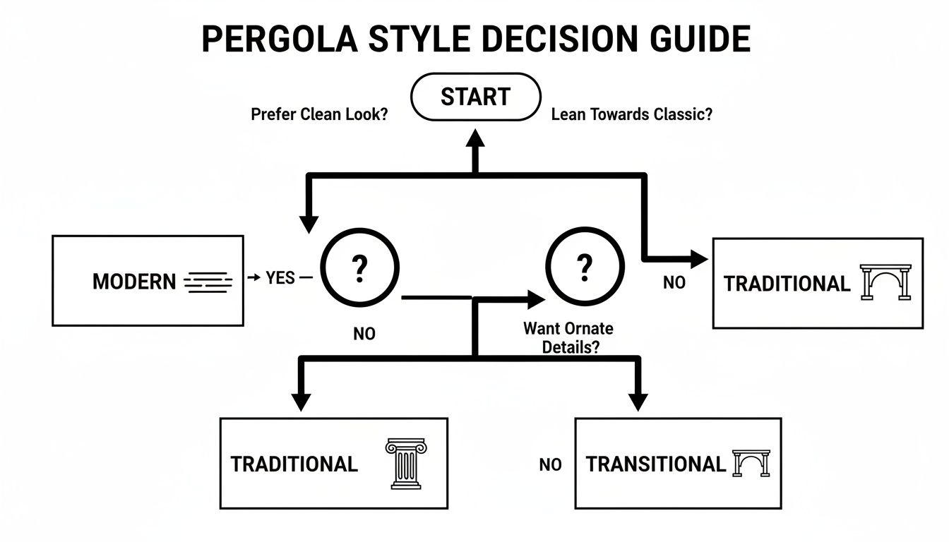 A pergola style decision guide flowchart helping users choose between modern, traditional, and transitional designs.