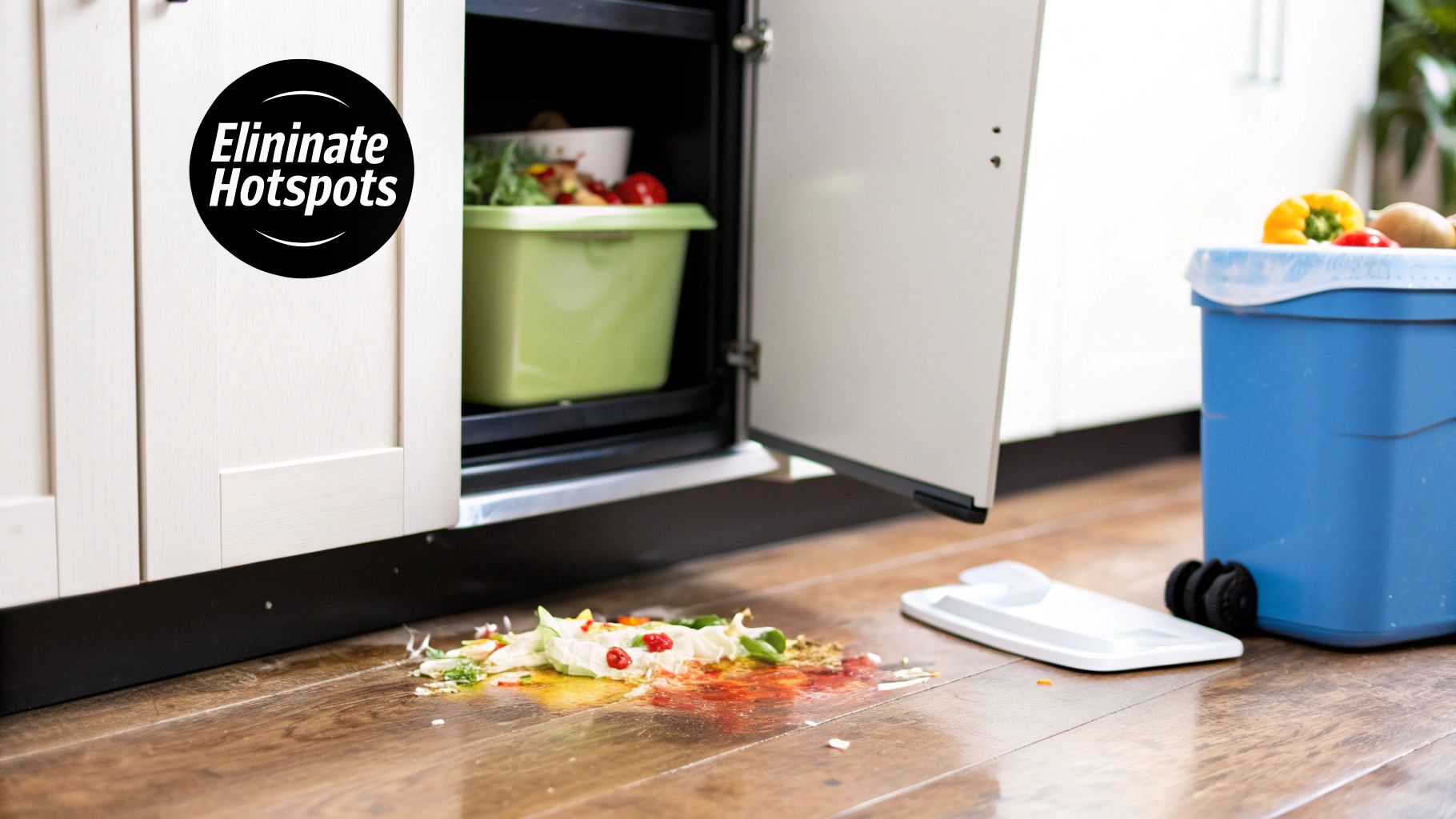 A messy kitchen floor with spilled food waste, an open cabinet, and composting bins.
