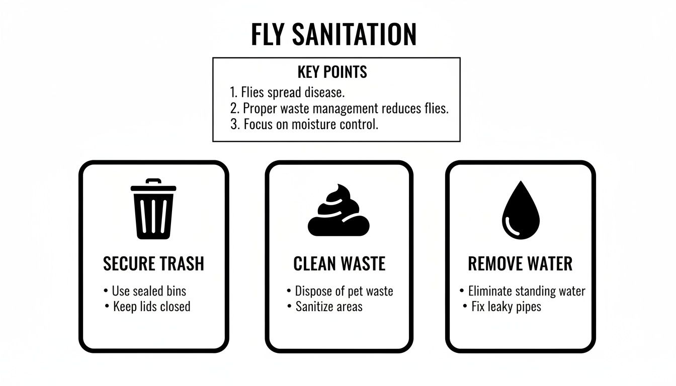 Infographic on fly sanitation, detailing key points and practical steps for trash, waste, and water control.