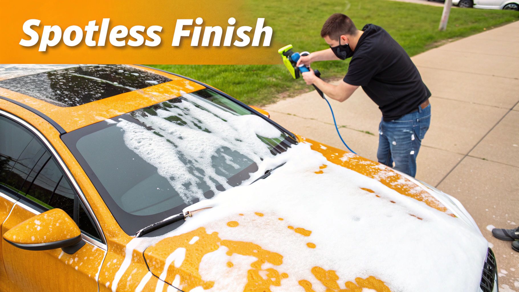 A man in a black mask uses a foam gun to apply thick white soap to an orange car.