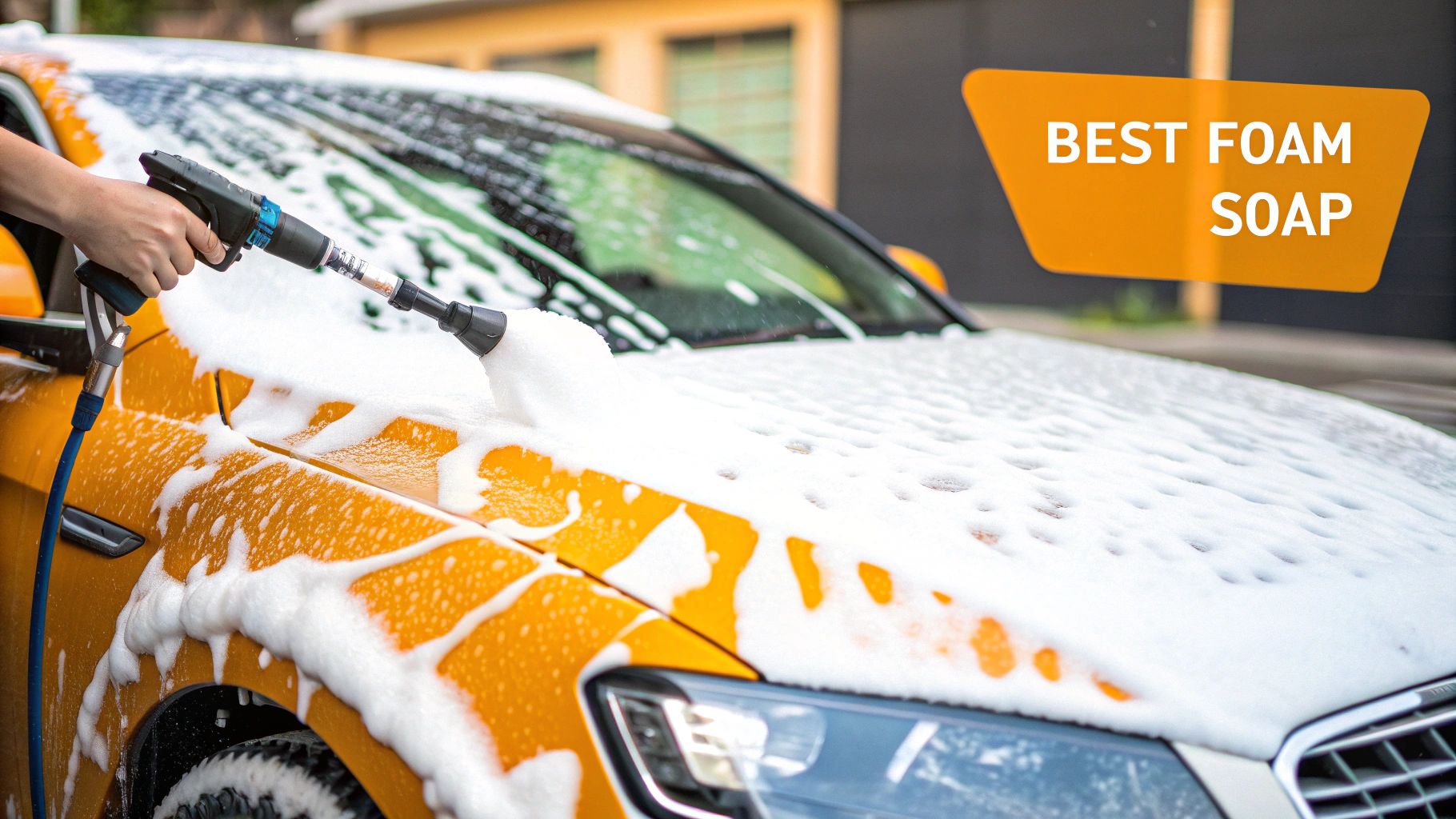 A person washing a bright yellow car with a foam gun, covering it in thick white soap.