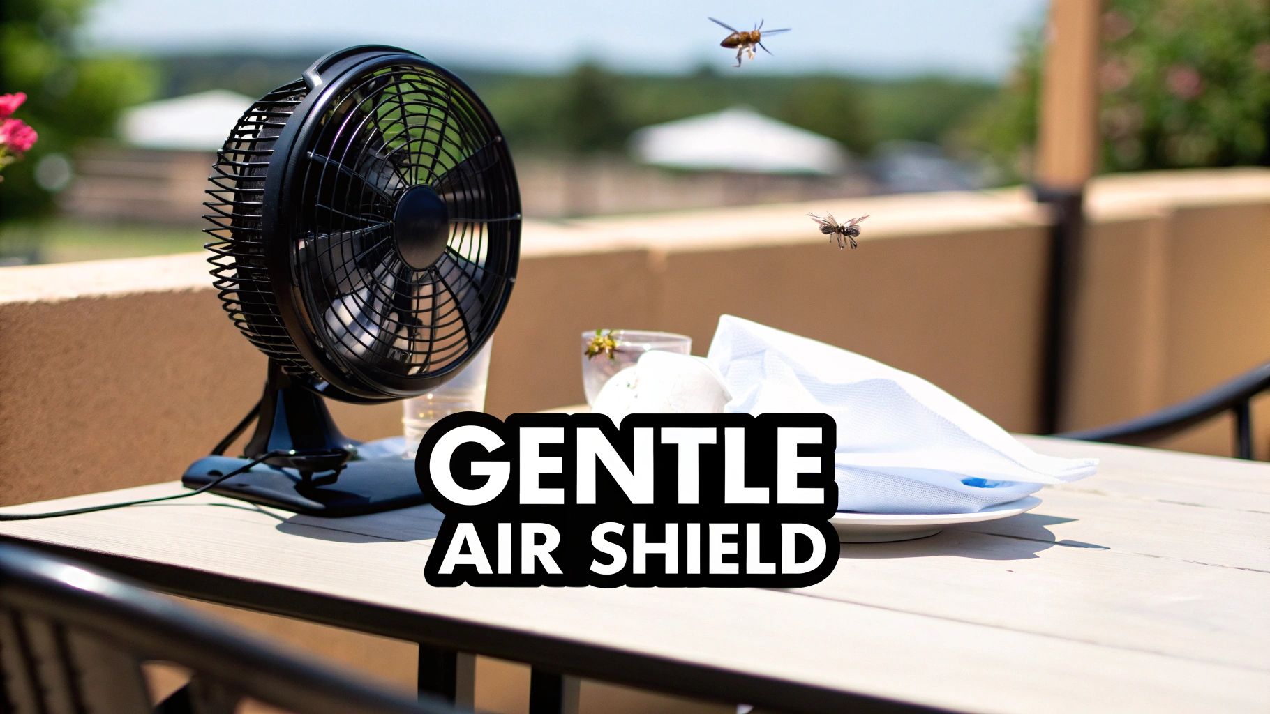 A Modern Lyfe fly fan on an outdoor dining table creating a pest-free zone.