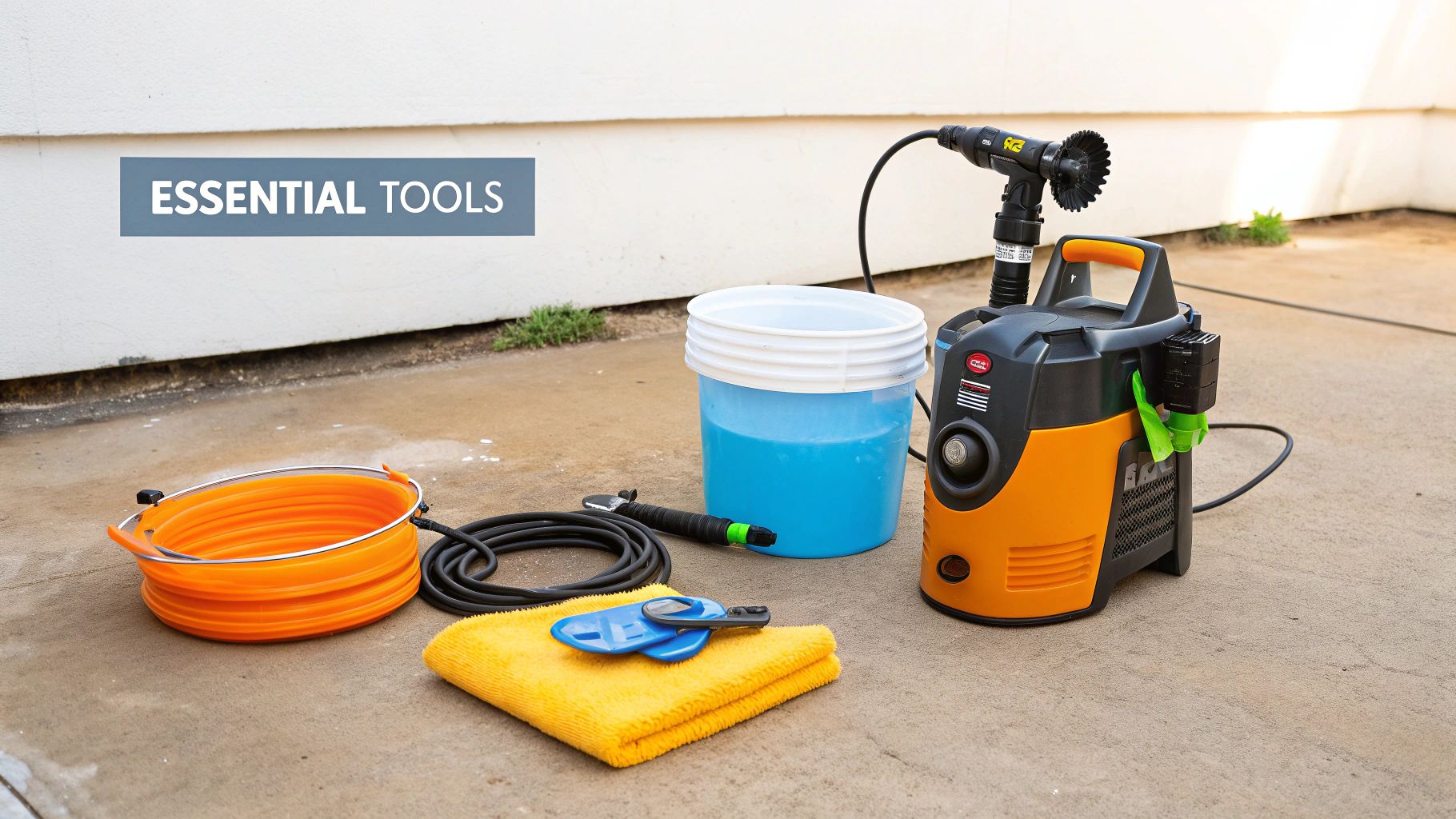 Essential tools for car washing, including a portable pressure washer, buckets, hose, and microfiber towel.