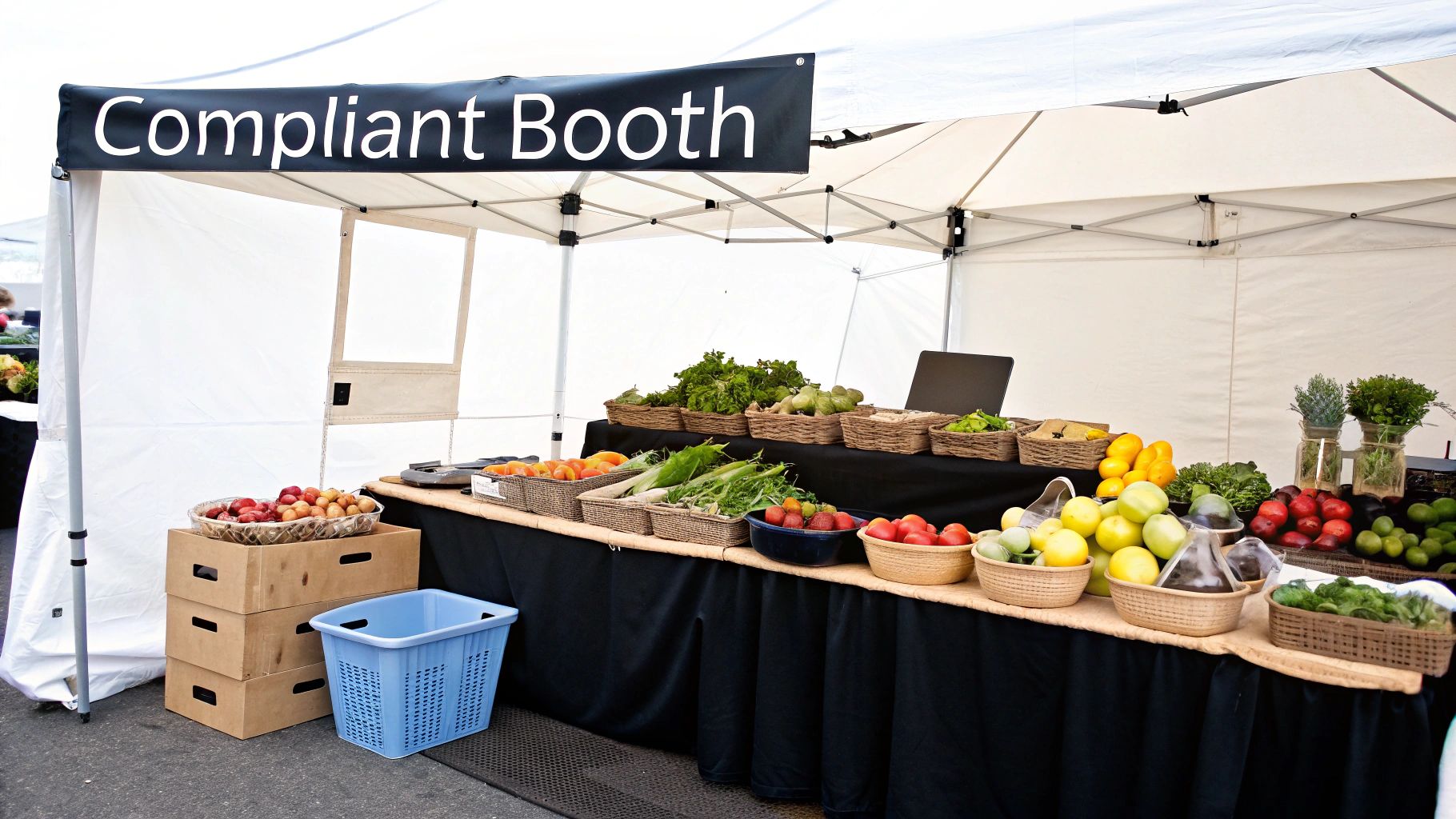 Professional farmers market booth setup with fresh produce displayed in wicker baskets under white canopy tent