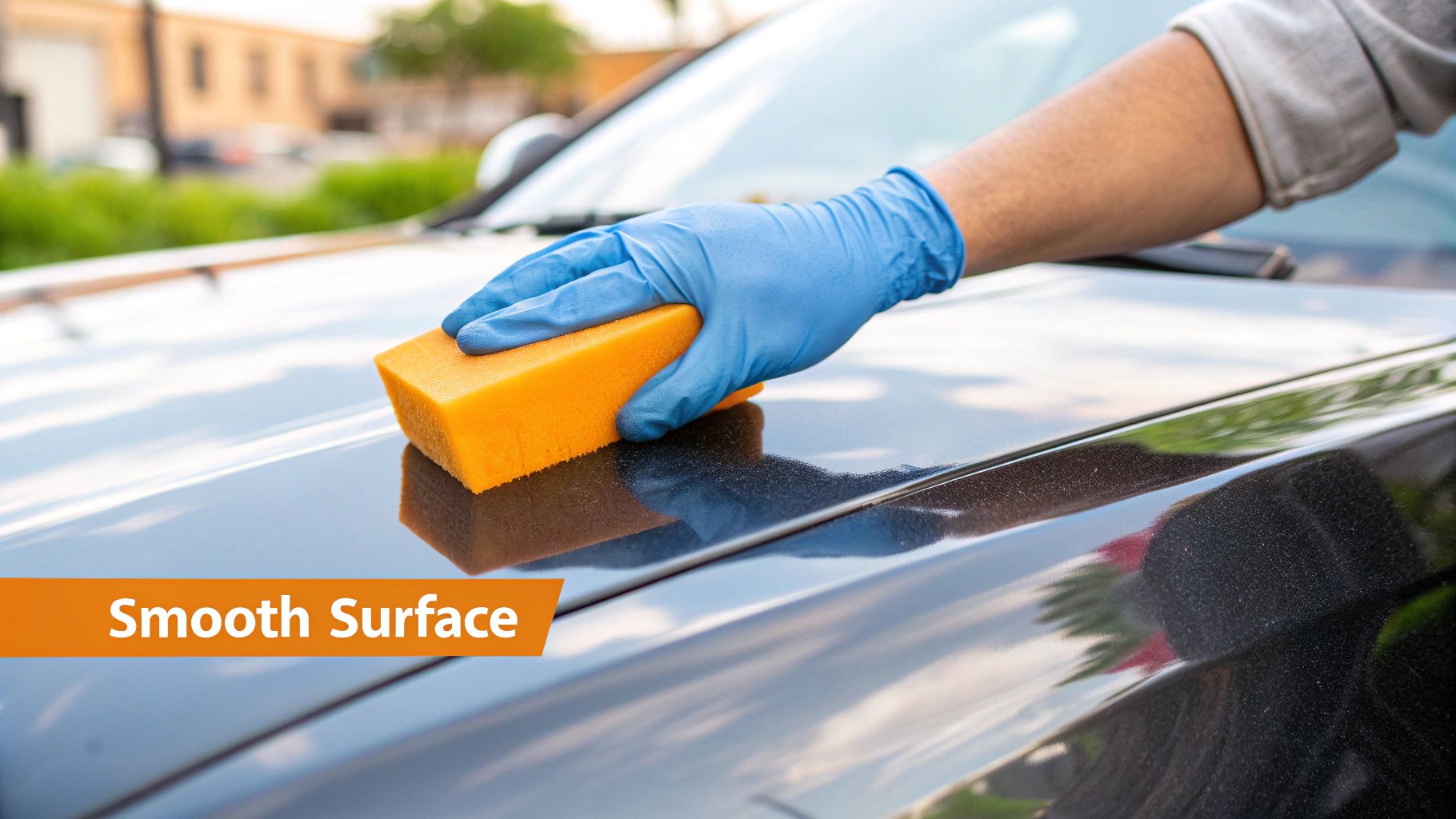 A person in black gloves using a dual-action polisher to buff the side of a red car, creating a high-gloss finish.