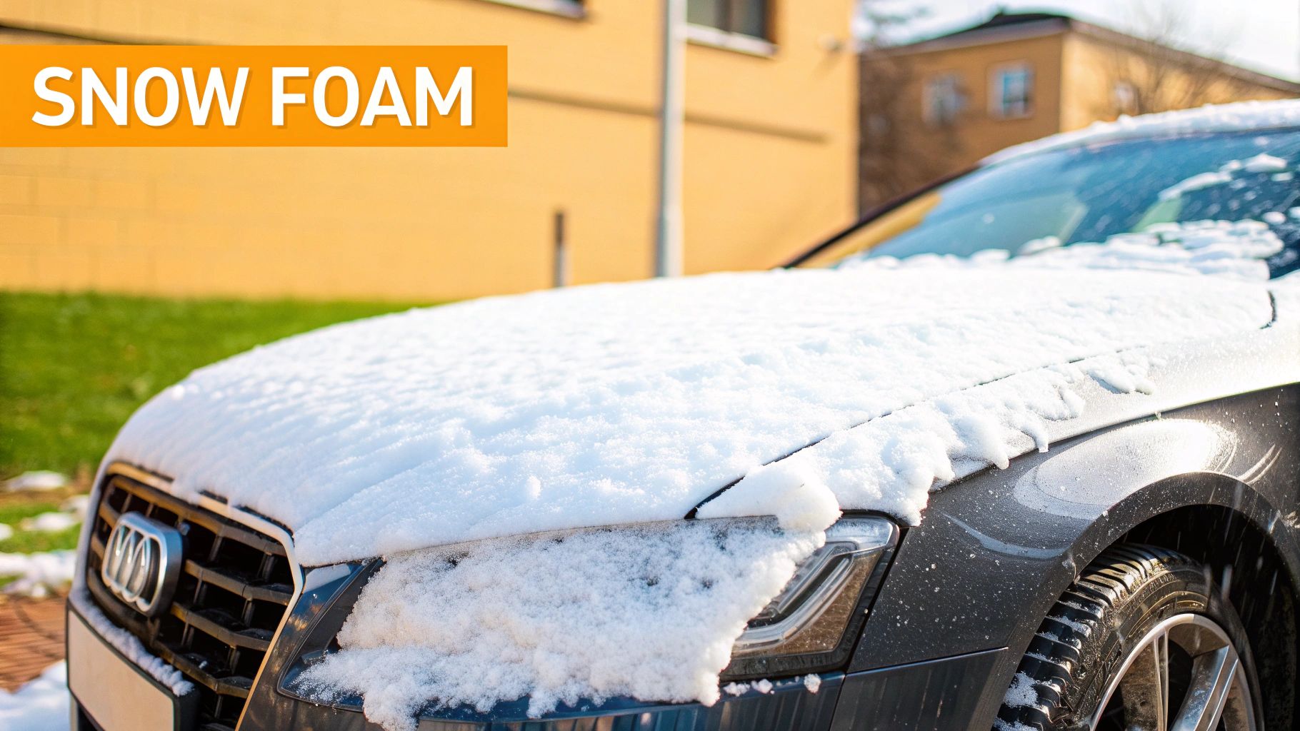 Front of a grey car covered in fresh white snow, with a 'SNOW FOAM' banner.