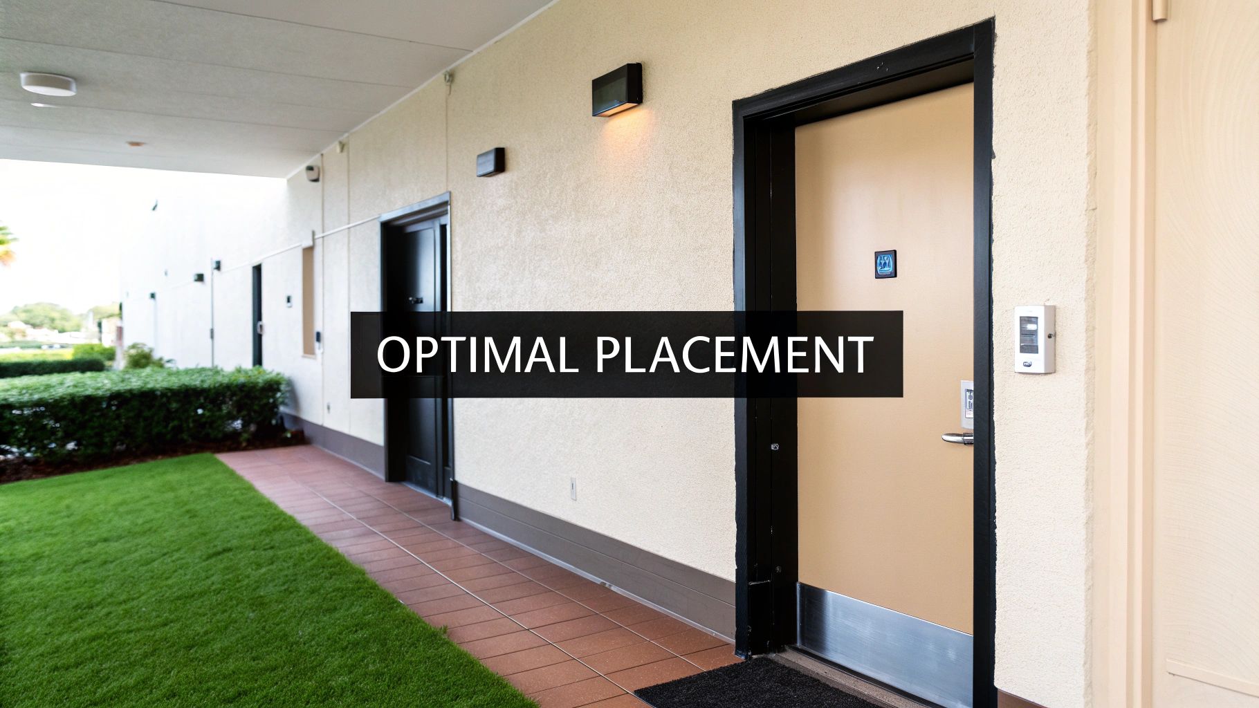 An outdoor corridor with multiple doors, wall-mounted lights, a tiled path, and green grass.